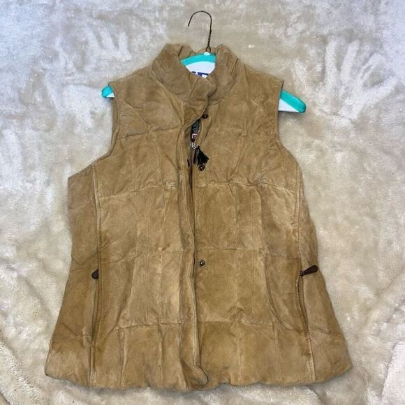 Eddie Bauer tan leather down zip front puffer vest | Sz M - Picture 2 of 5